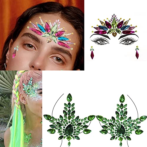 NIRBFFO מדבקת פנים מנצנצים צבעוניים ומדבקת חזה ירוק תכשיטים קישוט קריסטל קישוט אקרילי ריינסטון מדבקות פנים