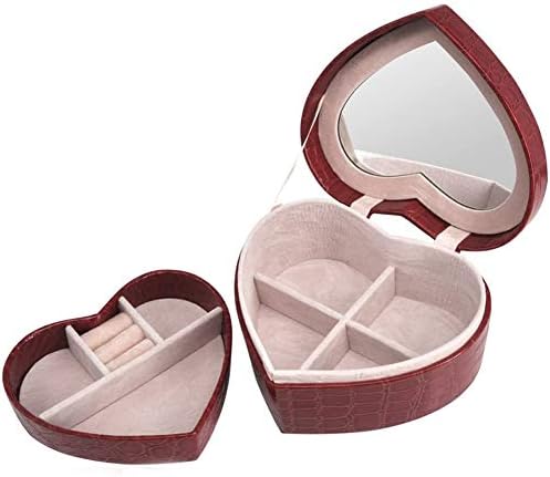 Yq whjb תכשיטי נסיעות קטנים עם מראה, מארגן תכשיטים ניידים בצורת לב, קופסת מזכרת ניידת לטבעות שרשראות