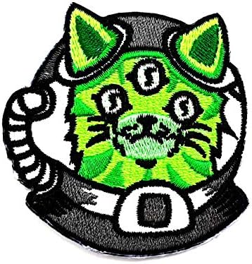 חתול ירוק חתול חמוד זרות חייזרים מפלצת UFO שטח קריקטורה קריקטורה ילדים טלאי בילדים תיק טריקו חולצה