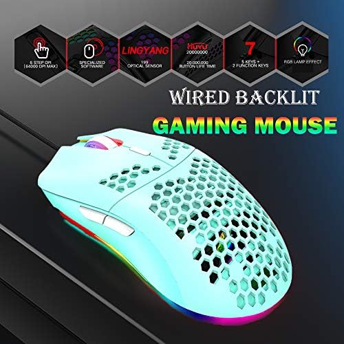 עכבר משחק קווי, 6 תאורת RGB 6400 DPI ניתנים לתכנות עכברי משחק USB עם 6 כפתורים, עיצוב ארגונומי של פגז חלת דבש