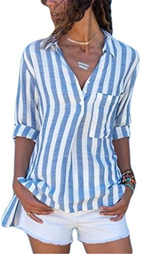 Andongnywell נשים שרוול ארוך פס חולצת טי חולצת צוואר כפתור צוואר חולצות קרדיגן חולצות חולצות