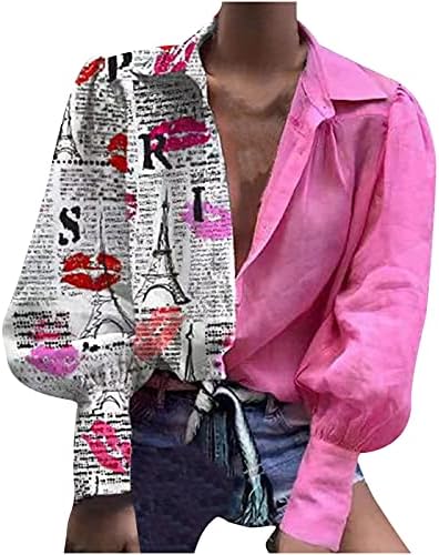 כפתור טלאים של נשים מטה חולצה לבוש בלוק צבע קז'ון בלוק עיתון/הדפס גיאומטרי שרוול ארוך לבגדי