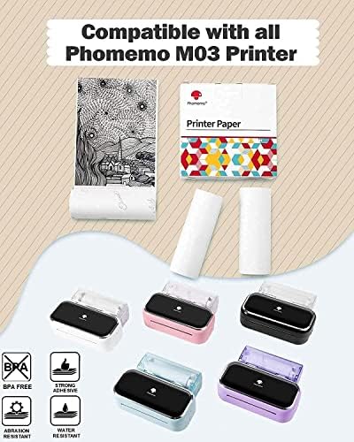 Phomemo M03 מדפסת מדפסת מדפסת מדפסת ניידת עם 3 גליל 3 אינץ 'שחור על לבן, 77 ממ x 3.5 מ', 3 אינץ 'x