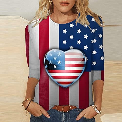 4 ביולי חולצות לנשים אמריקאי דגל קיץ 3/4 שרוול צוות צוואר חולצות שלושה רבעון שרוול חג מקרית חולצות