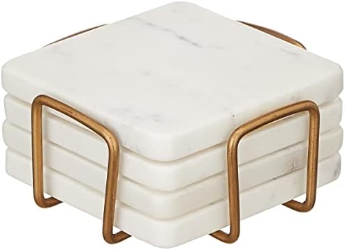 תחתיות שיש קווינזה עם מחזיק, סט של 4 תחתיות זהב למשקאות, תחתיות מודרניות בגודל 4 אינץ ' לשולחן קפה-תחתיות