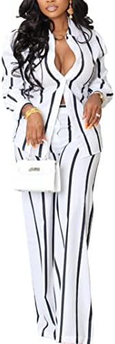 מכנסיים מגדירים נשים 2 תלבושות תלבושות עם שרוול ארוך כפתור פס מטה וחולצה ומותניים גבוהות מכנסי רגל רחבים חליפה