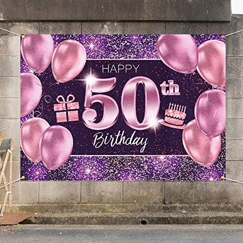 תפאורת באנר ליום הולדת 50 של פאקבום שמח 50 - 50 קישוטים למסיבות יום הולדת ציוד לנשים - זהב סגול ורוד 4 x 6ft