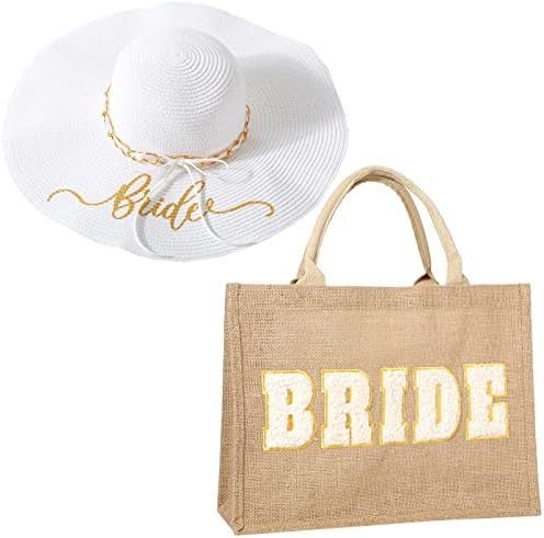 יחידהסוג חתונה הכלה שמש כובע ויוטה לשאת שקיות סט כולל רחב ברים קש כובע תקליטונים כובע כלה יוטה מתנת אירוסין