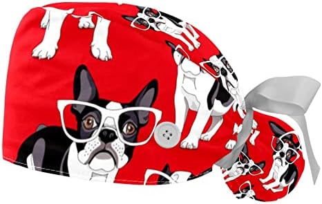 פוג מצחיק חמוד כלב משקפיים כובע עבודה אדום עם כפתורים רצועת זיעה כובעי עבודה קשירה סרטים לאחור לנשים