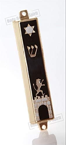 גוף-סול-n-spirit צליל זהב Mezuzah Mezuza בית שחור מקרה 7 סמ יהודיה יהודית אריה קיר שער שער קוטל