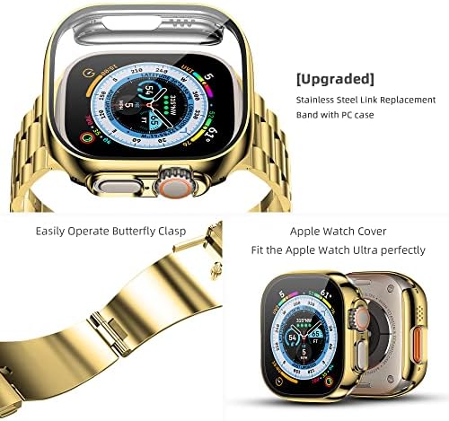 Baozai תואם לפס Apple Watch עם מארז, פס נירוסטה עם מארז מגן מסך זכוכית לסדרת IWatch 8/7/6/5/4/3/2/1/SE/Ultra