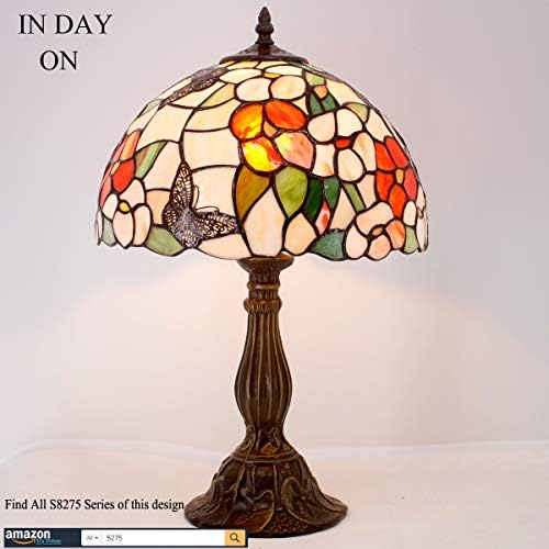 מנורת שולחן טיפאני ליד המיטה מנורת זכוכית צבעונית ורודה בסגנון פרפר קריאת שולחן אור 12 על 12