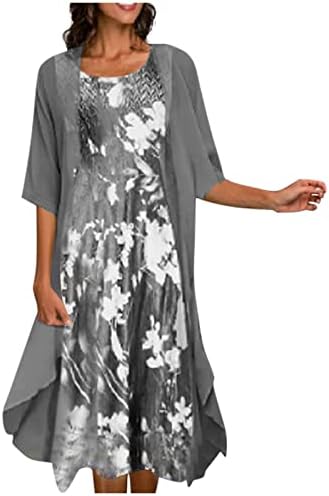 שמלות לנשים 2023 סקופ רחבי שיפון שיפון פרחוני מודפס MIDI קוקטייל 2 שמלת ז'קט 2 חתיכות