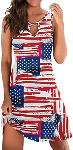 4 ביולי שמלה לנשים מקרית קיץ טנק שמלת אמריקאי דגל חור מנעול שרוולים צוואר כוכבים פסים שמלות קיץ