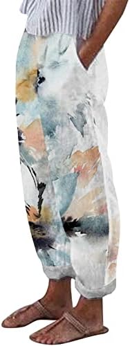 כותנה פשתן קאפרי מכנסיים נשים קיץ מקרית קאפרי מכנסיים עם כיסים גבוהה מותן קומפי חוף מכנסיים שן הארי הרמון