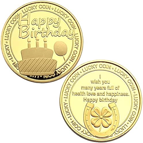 זהב מזל מטבע עם יום הולדת משאלות-עוגה, פרסה, וארבעה עלה תלתן עיצוב-קוטר 1.57 סנטימטרים ומזכרת