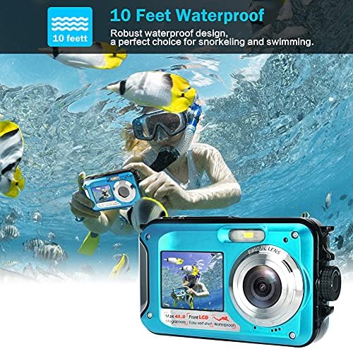 מצלמה מתחת למים, מצלמה אטומה למים מלאה HD 2.7K 48MP מצלמה אטומה למים דיגיטלית עם מסך כפול, זום