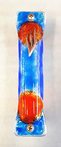 מארז מזוזה 5 כחול ואדום על זכוכית צלולה, יהודה בעבודת יד, מתנה לחממת בית יהודית, מתנות כלה יהודיות