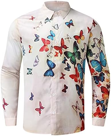 חולצות פשתן כותנה XXBR לגברים, כפתור סתיו למטה ציפורי שרוול ארוך ציפורי פרפר הדפס חולצות הוואי מזדמנים צמרות