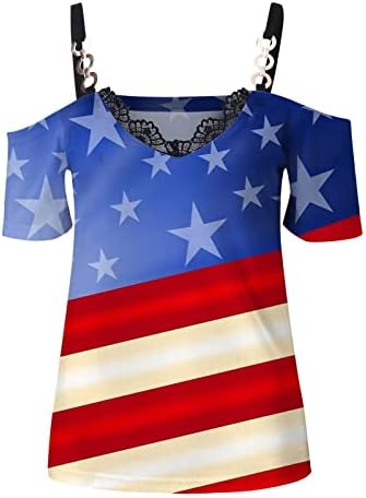 נערות נוער עליונות שרוול קצר כתף קר תחרה כותנה עמוק V צוואר v דגל אמריקאי חולצה גרפית חולצה לנשים Qs