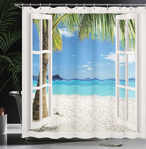 אמבסון טורקיז וילון מקלחת חוף ביתי כפות ידיים טרופיות באי אוקיינוס ​​דרך בחלונות מעץ לבנים מבד בד עם ווים לעיצוב