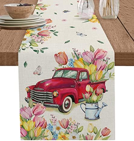 רץ שולחן קפיץ 90 אינץ 'משאית אדומה טוליפ שולחן רץ לפרחי אביב רץ ארוחת ערב פרפר לשולחנות מסיבות אוכל למטבח