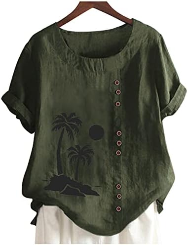 צמרות גדולות לנשים פשתן כותנה שרוול קצר חולצות חולצות אופנה הדפסה טרופית חולצות כפתור צוואר