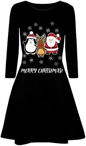 נשים של קוקטייל המפלגה שמלה ארוך שרוול סנטה קלאוס גרפי רופף נדנדה שמלות החג שמח שמלה לנשים
