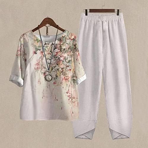 נשים שני תלבושות קיץ מקטעות פשתן כותנה 3/4 כפתור שרוול עליון ותחתון סט מכנסי הדפסה פרחים נוחים