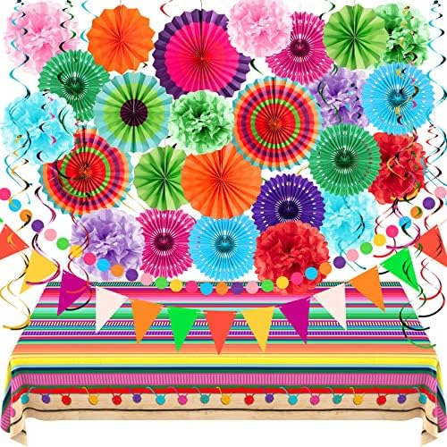 35 חתיכות מקסיקני ספקי צד פיאסטה קישוטי סט מקסיקני סרפה שמיכת מפת שולחן פיאסטה נייר מאוורר רב צבע