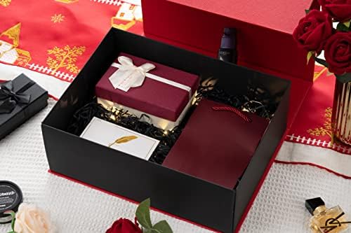 קופסת מתנה לבית מטרה 13.4 על 10 על 5 אינץ', קופסת מתנה שחורה אדומה עם מכסה, קופסת הצעה לשושבינים מתקפלת
