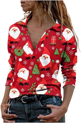 נשים חולצה אופנה חג המולד כפתור צווארון חולצות ארוך שרוול חולצות סוודר חג המולד בציר הדפסת טוניקת חולצה
