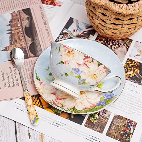 גלן מילה עצם כוסות תה סין וצלוחיות קבעו כוסות תה פרחוניות כוסות תה סין משובחות למסיבת תה, 8 אונק