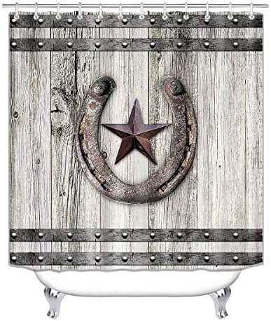קמיל ואנדרו 4 יחידים סט וילון מקלחת מערבי, כוכב אסם חום טקסס כוכב אפור אפור דלת אסם פרסה כפרית עיצוב