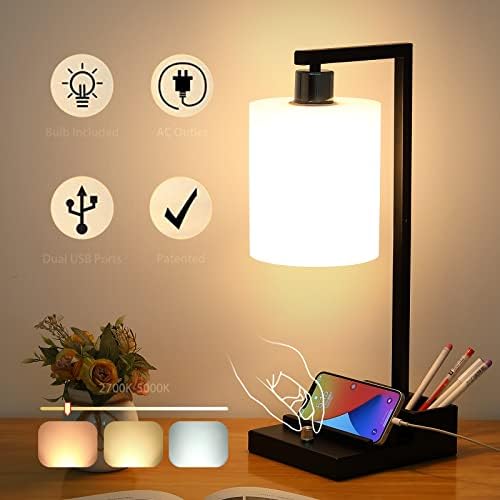מנורת שיעור לילה של iporovon, מנורות ליד המיטה המודרניות עם יציאות USB כפולות ושקעי, מנורת שולחן