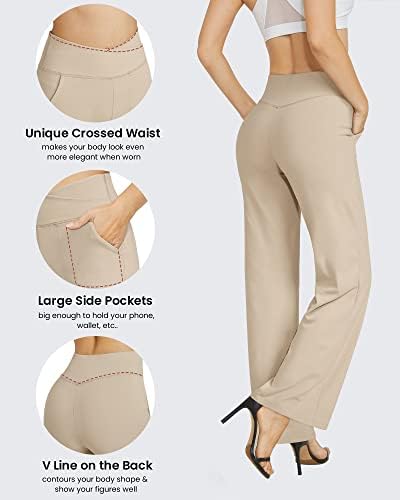 G4Free נשים רחבות רגל מכנסיים קפרי מכנסי שמלה נמתחים מכנסיים חוצים מותניים גבוהים מכנסיים עם כיסים ליוגה