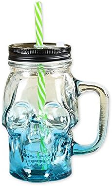דס. ייחודי סגנון זכוכית כוס 300 מיליליטר גולגולת זכוכית יין ספל שתיית צנצנת עם מכסה קש - כחול