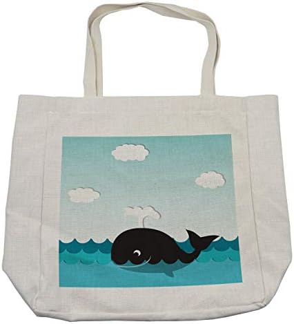 תיק קניות לוויתן של אמבסון, מחייך לוויתן שחור שמח בשחייה ביצירות אמנות מצוירות של אוקיינוס ​​סאני גלי, תיק לשימוש