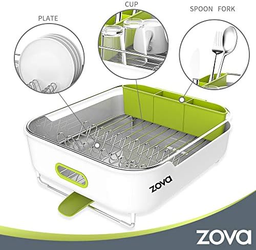 Zova Premium Plail Malise Weaking Rack עם זרבובית מסתובבת, מארגן כלי ניקוז כלים למטבח - בינוני, לבן וירוק