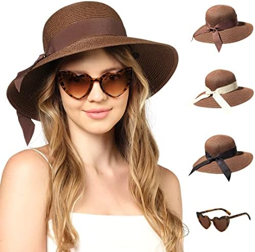 כובעי חוף הניתנים לפנוי לנשים - כובע שמש של פנמה קש עם משקפי צורת לב - קיץ פדורה מגלגל כובע אריז
