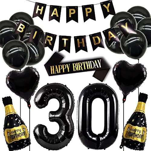 קישוטים ליום הולדת 30 לנשים וגברים, עיצוב יום הולדת 30 שחור, קישוטים למסיבות מספר גדול 30 בלונים