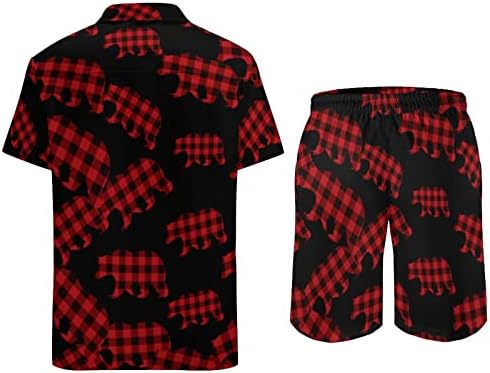 WeedKeycat אדום משובץ דוב תלבושות חוף לגברים 2 חלקים כפתור הוואי למטה חולצה מטה שרוול קצר ומכנסי