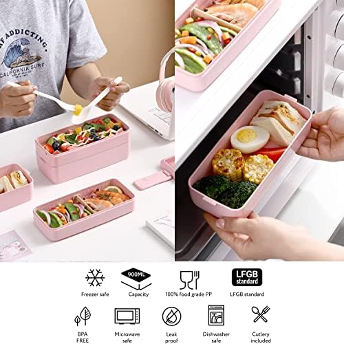 ערכת קופסא ארוחת צהריים יפנית עם כפית ומזלג, 3 ב -1 תא קש חיטה מכולות להכנת ארוחות לילדים ולמבוגרים