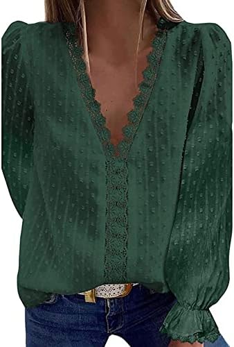 Beuu נשים אלגנטיות חולצות שיפון תחרה מזדמנת V צוואר שרוול ארוך שרוול ארוך חולצות נקודה שוויצרית