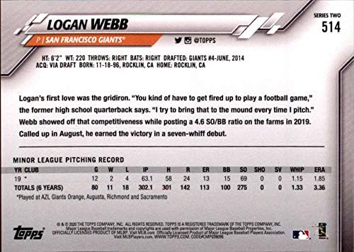 2020 Topps 514 Logan Webb NM-MT RC טירון סן פרנסיסקו ענק בייסבול