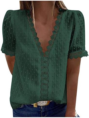 נשים של קיץ חולצות וחולצות קצר שרוול צווארון תחרה סרוגה טוניקת חולצות זורם מקרית חולצות חולצות מוצק צבע