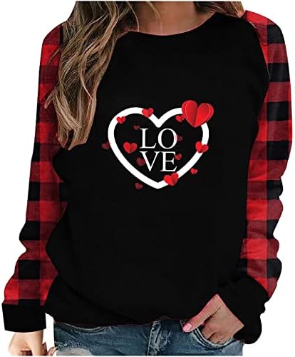 נשים אהבת לב חולצה חג האהבה משובץ בסוודרים חמוד גמדים הדפסה ארוך שרוול חולצות מקרית צווארון עגול חולצות