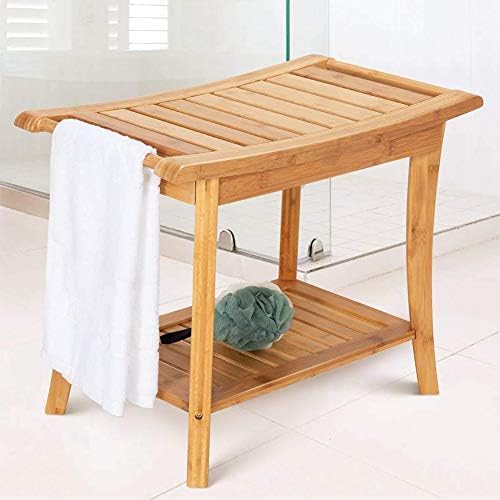ספסל מקלחת במבוק של ESGT שרפרף אמבטיה מעץ עם מדף אחסון דו-שכב