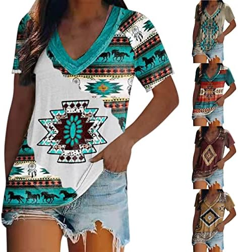 דפוס סגנון אתני מערבי של Beuu מערביות מודפס V צוואר חולצות נשות חולצות שרוול קצר