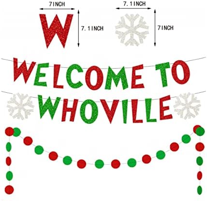 חג המולד ברוך הבא לבאנר של Whoville, קישוטים לחג המולד אדום וירוק נצנצים גרינצ'מאס באנר למנטל אח, קישוטים למסיבת